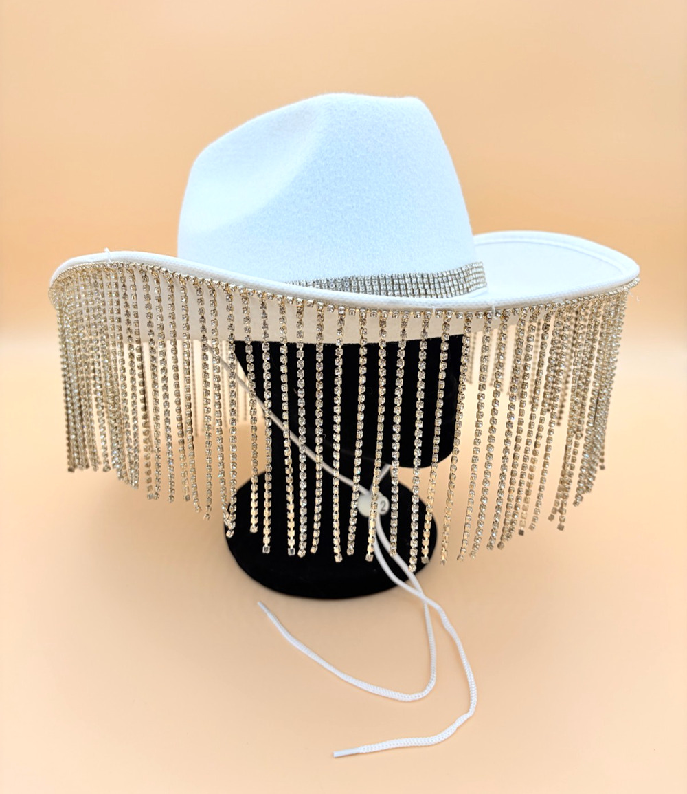 Cowboy Hat White Rhinestone Fringe Western Cowgirl Bling Halloween Rodeo Bride